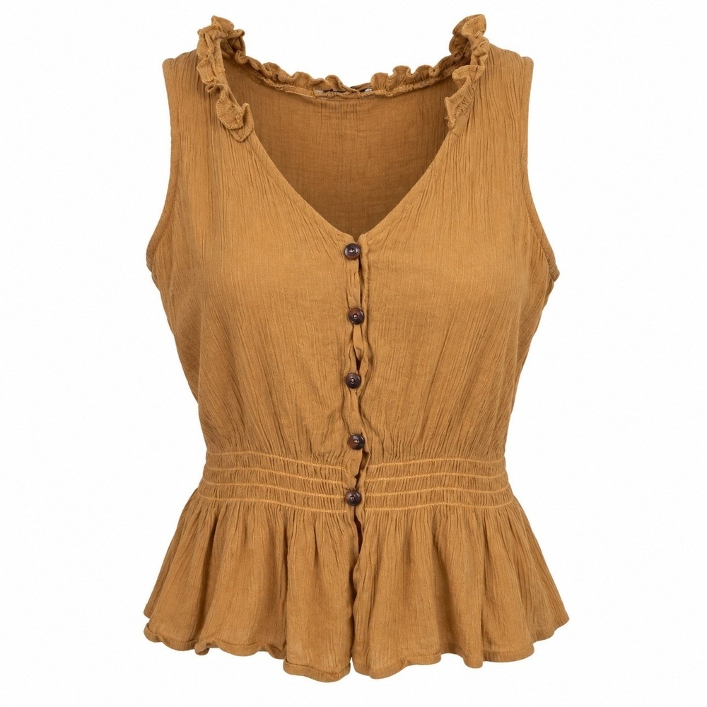 Top Sz M Peplum Boho Gauze Fairy Grunge Sleeveless Cottage Minimalist Brown